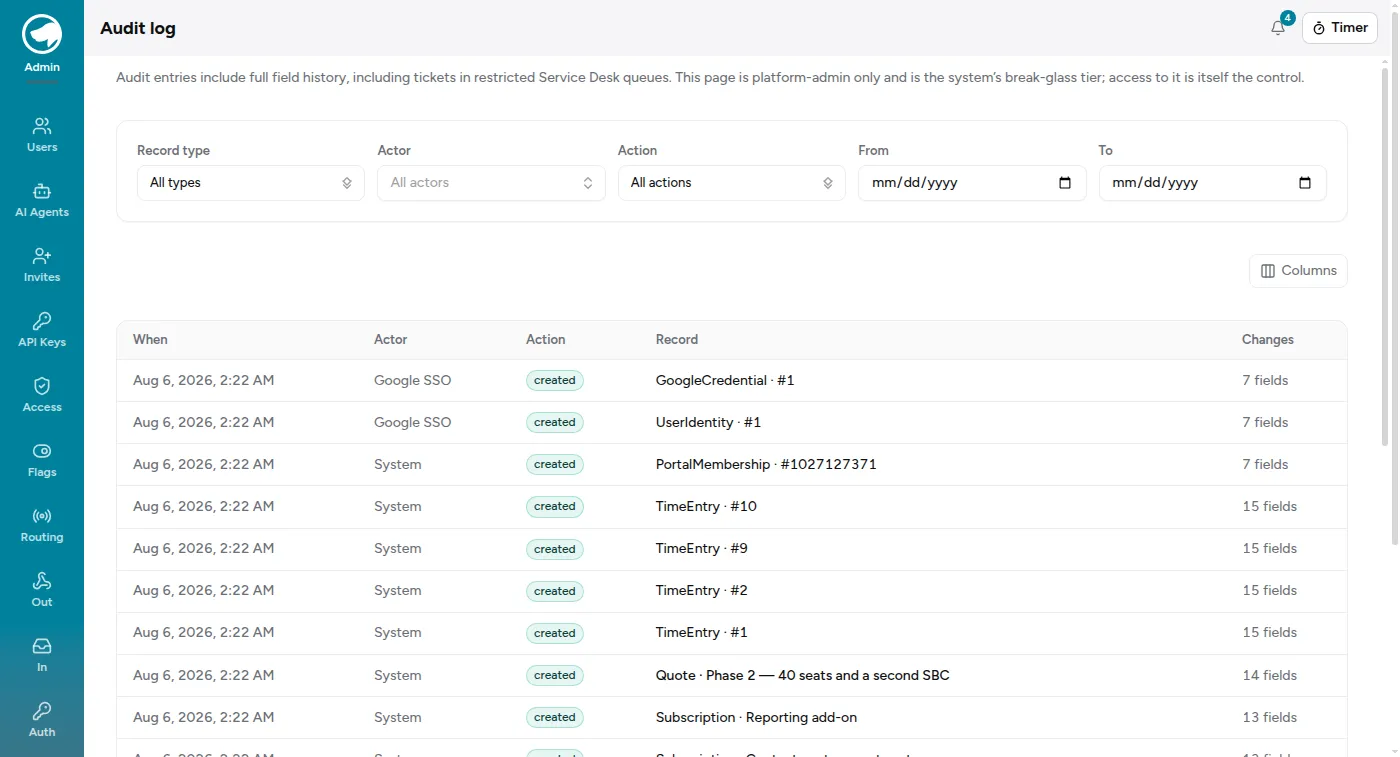 The audit log: a filterable table of changes with the time, actor, action, record and how many fields changed.