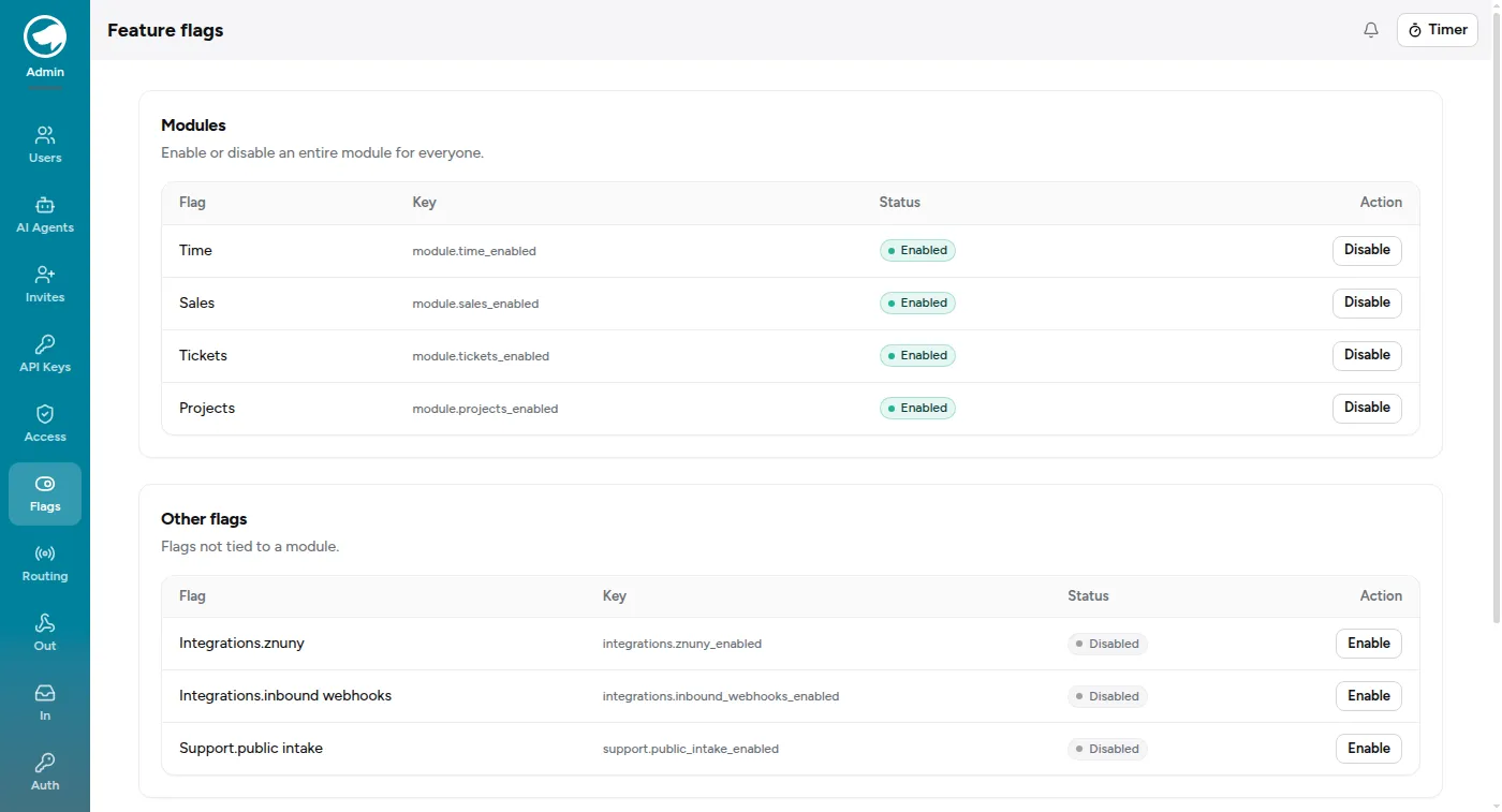 The Feature Flags page, listing each module flag and the non-module flags beneath it.