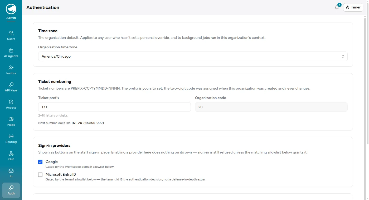 Organization settings: time zone, ticket numbering, sign-in providers, and the Google domain and Entra tenant allowlists.