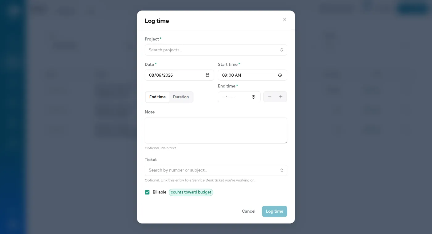 The Log time dialog with the project picker, date, start time, and the End time / Duration toggle.