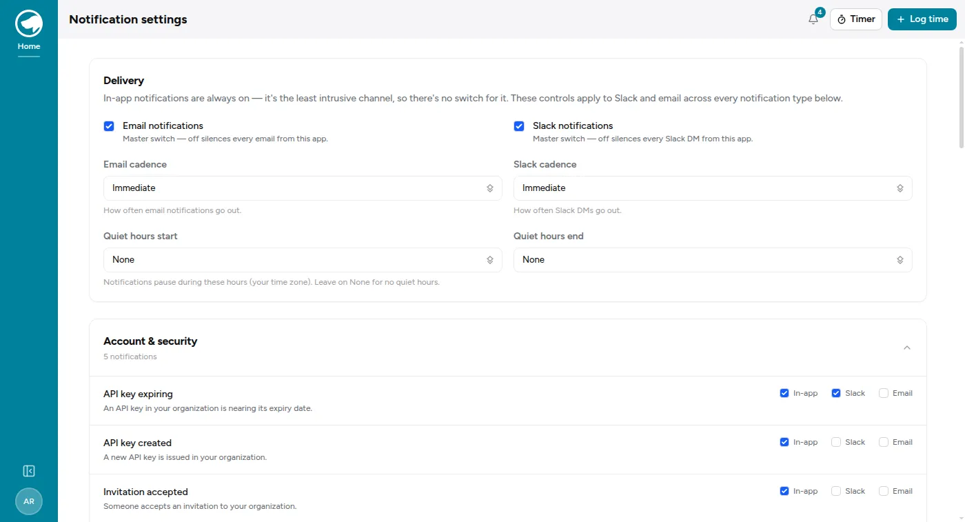 Notification settings: master switches and cadence for email and Slack, quiet hours, the immediate-Slack-for-my-tickets switch, then a per-event matrix of in-app, Slack and email toggles.