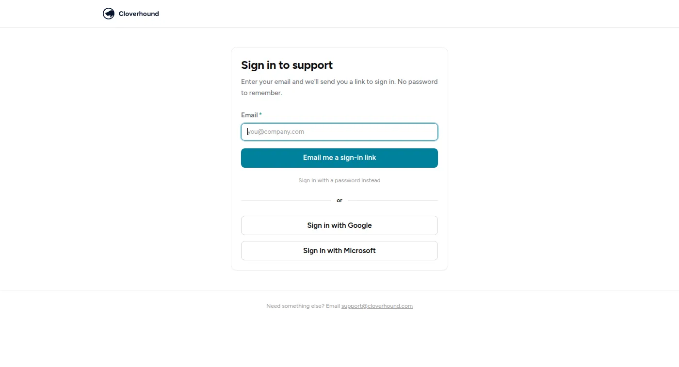 The portal sign-in page: an email field with a button to email a sign-in link, plus options to use a password or sign in with Google or Microsoft.