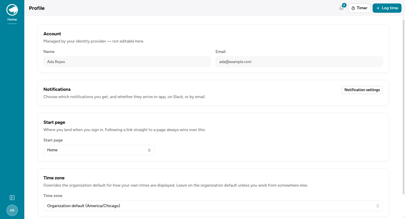 The profile page: a read-only account card, a link to notification settings, a start page picker, and a time zone override.