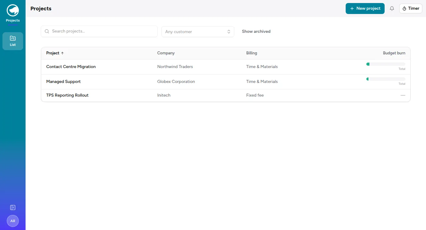 The projects list, showing three projects with their company and billing type.