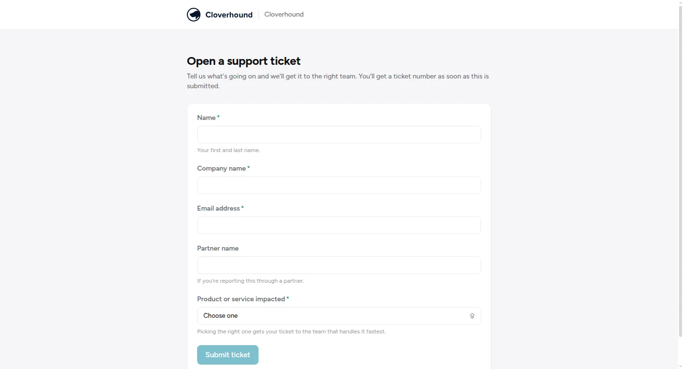 The public request form: name, company, email, optional partner, and a product picker.