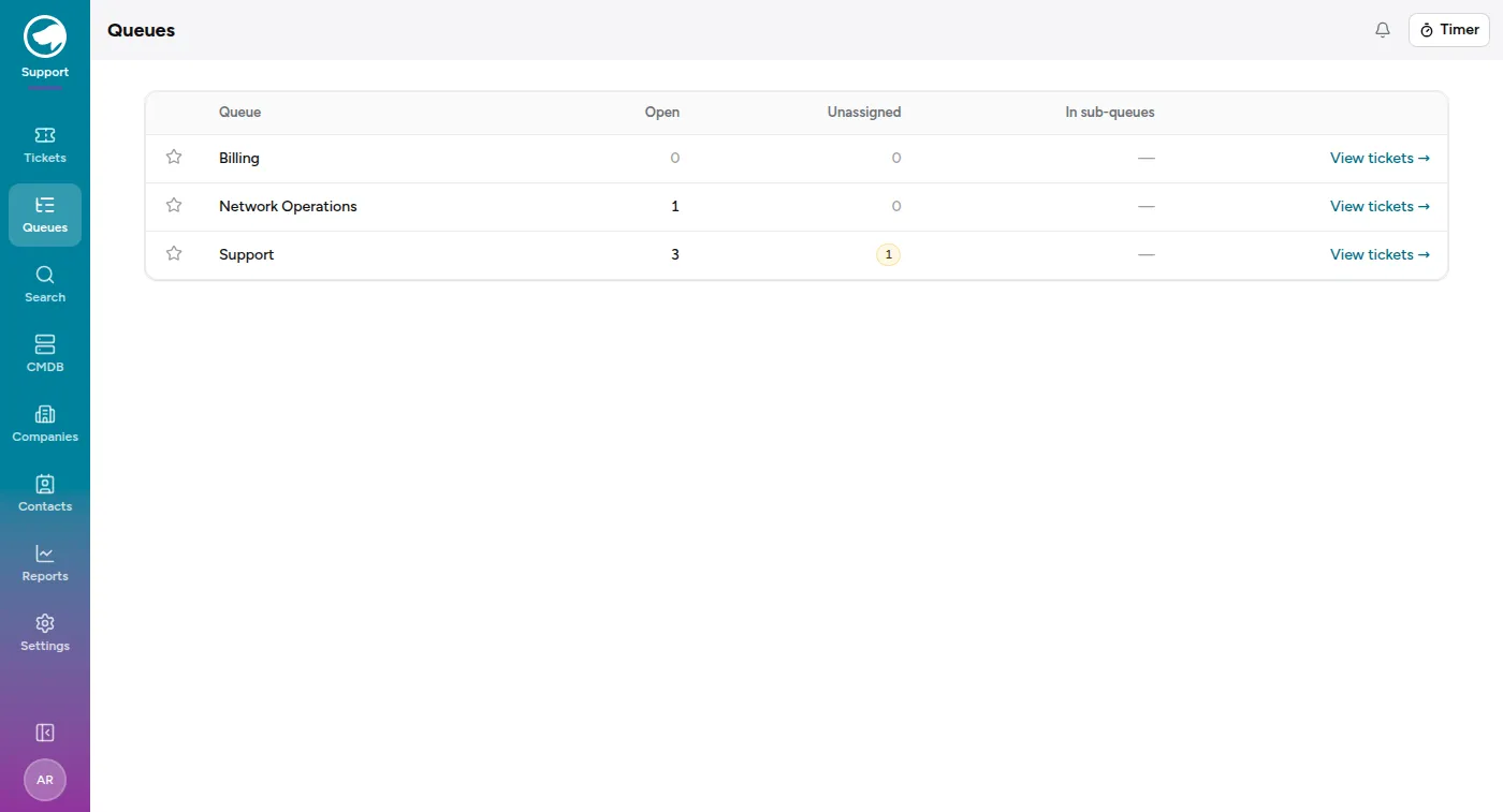 The Queues page listing three queues with their open and unassigned counts.