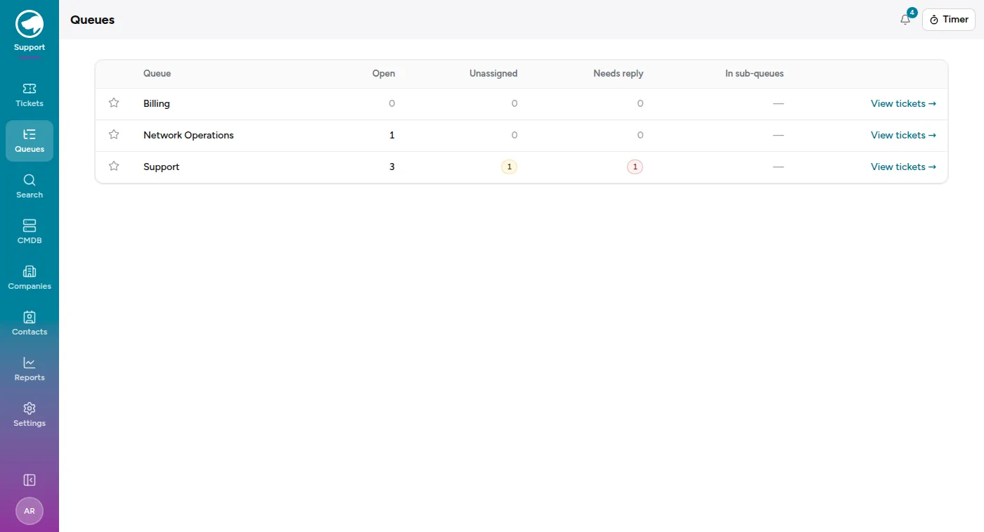 The Queues page listing three queues with their open and unassigned counts.