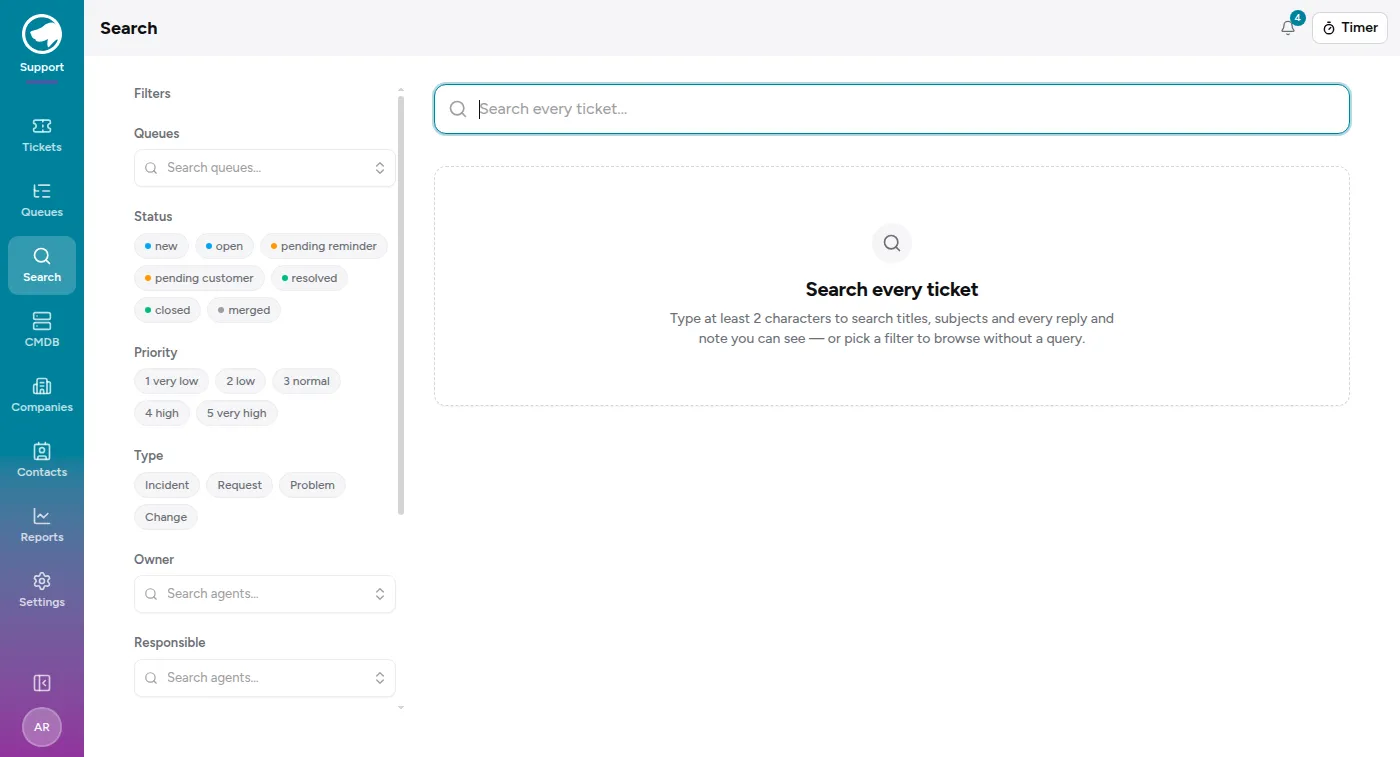 The ticket search page: a filter panel for queue, status, priority, type, assignee, company, contact and date, beside a full-text search box.