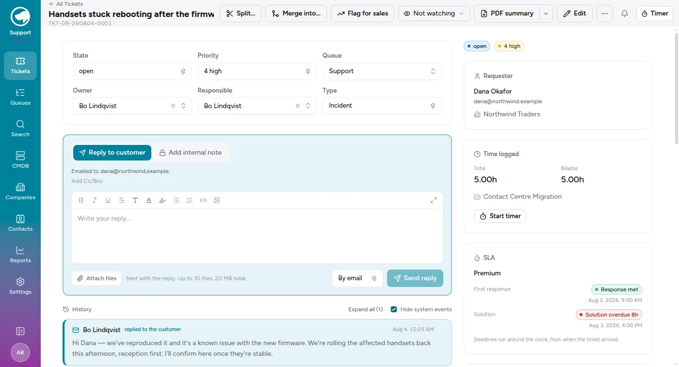 A ticket open in the agent view: the state and owner controls, the reply composer, the conversation history, and the requester, time and SLA panels.