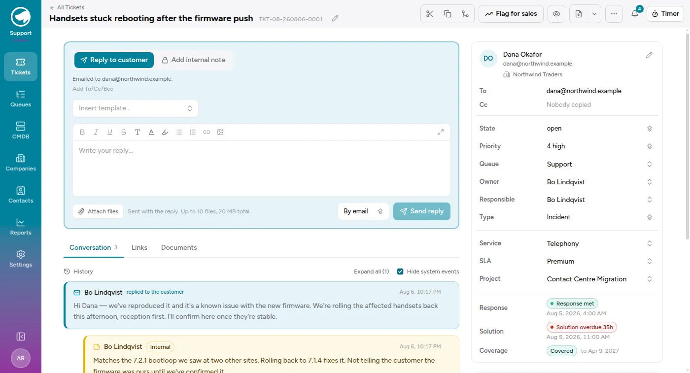A ticket open in the agent view: the state and assignment controls, the reply composer, the conversation history, and the requester, time and SLA panels.